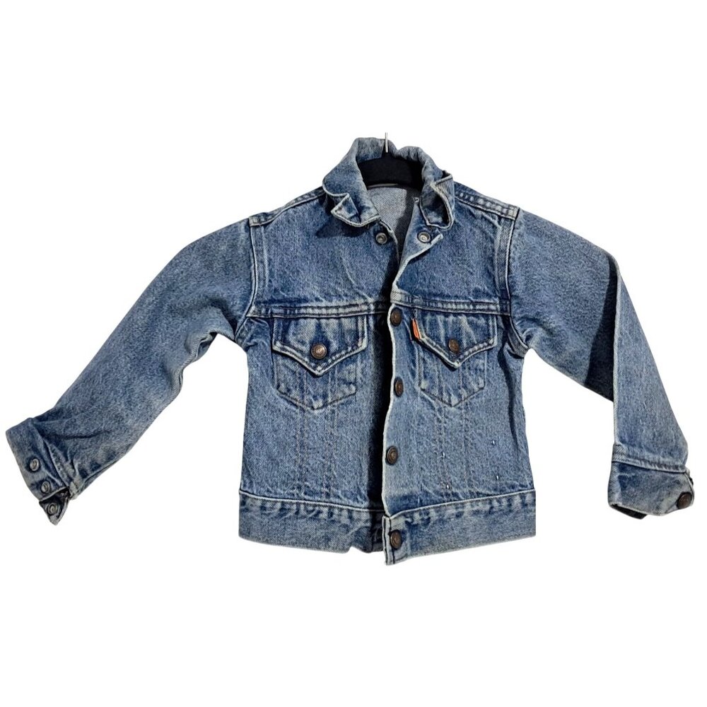 Vintage 1980-84 Levis Denim Trucker Jacket Orange Tab Cropped Kids Womens XS/S F